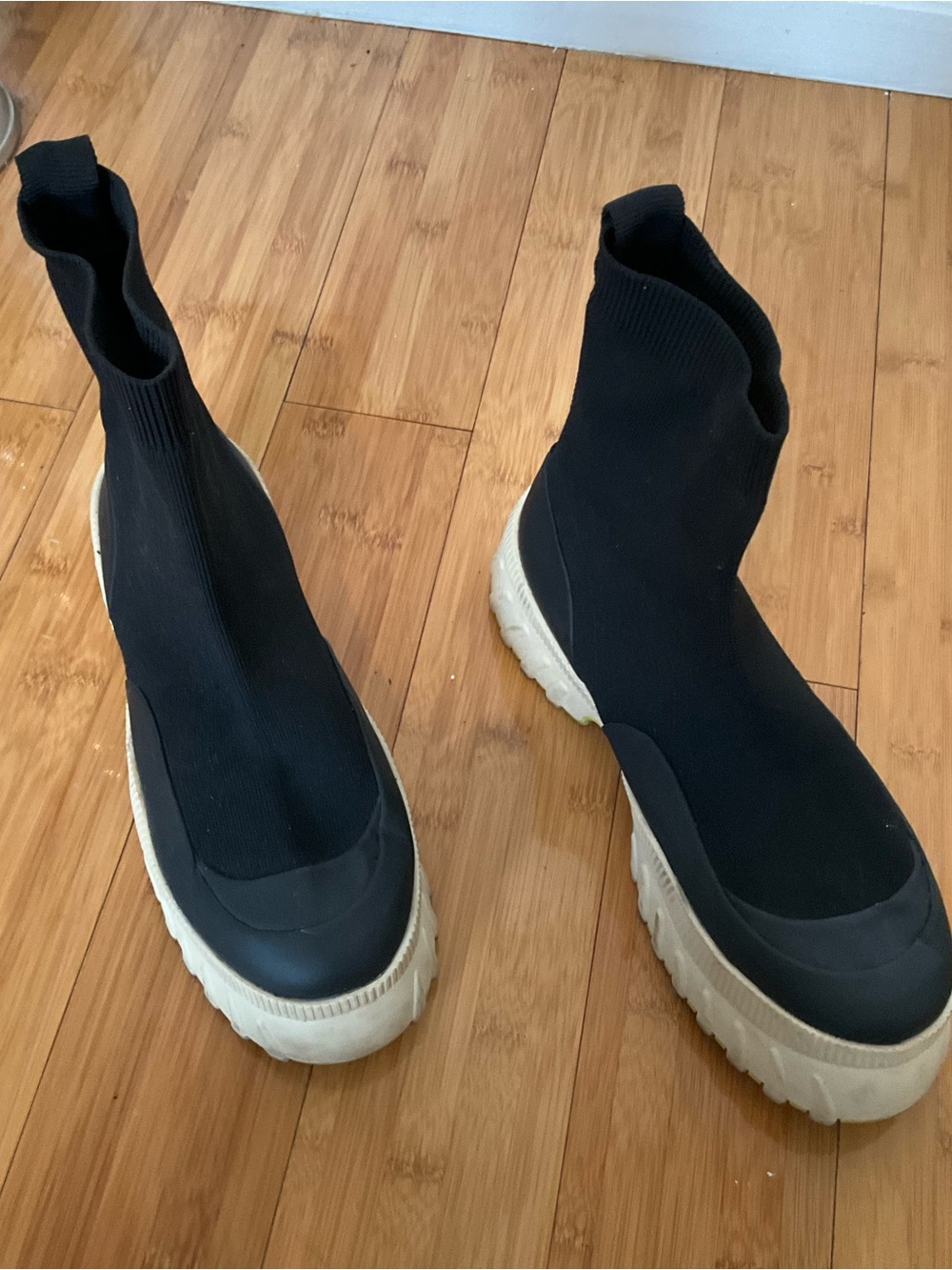Zara Black Knit Sock Sneakers with Cream Platform Sole